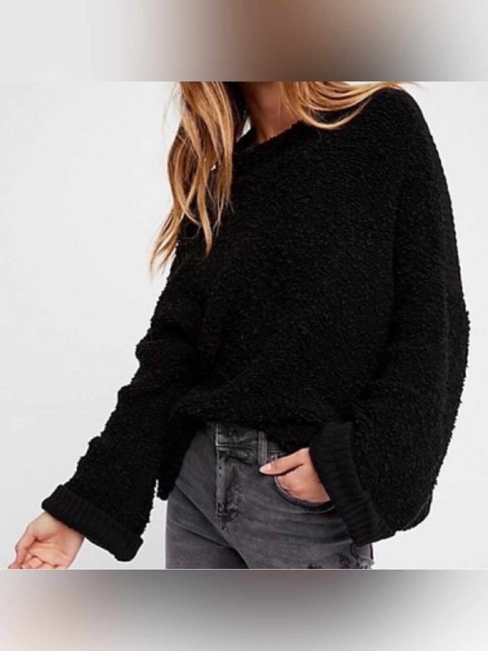 Free People Cuddle up Black Bouclé mock neck Pullover Sweater size xs